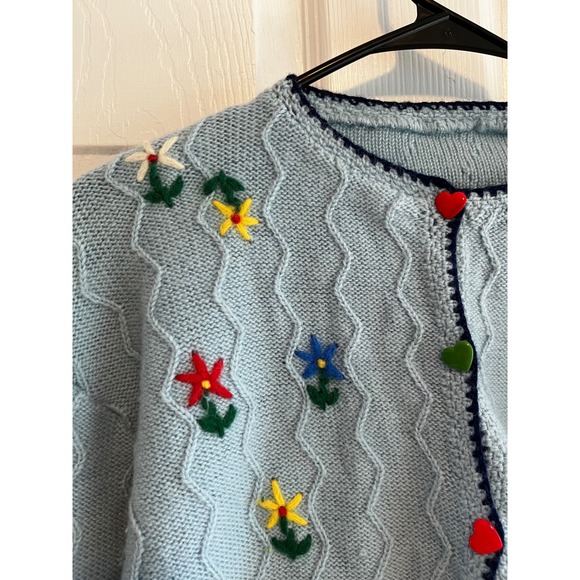 Wool Blend Embroidered Floral Knit Cardigan Sweater Cottagecore Heart Buttons - Picture 9 of 9